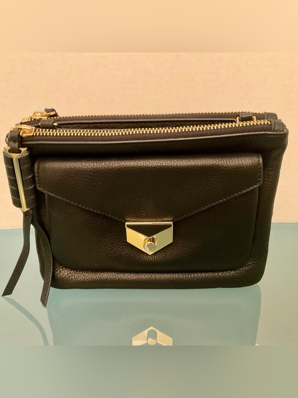 COVET STELLA AND DOTS NEW DOUBLE SECTIONED BLACK LEATHER CLUTCH/ CROSSBODY BAG